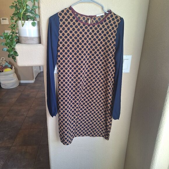 Anthropologie Everly polka dot shift dress small tan and blue - Picture 1 of 7